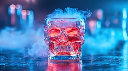Skull-shaped glass with smoking red drink, cool nightlife ambiance.