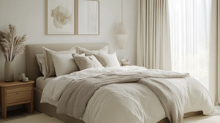 The image shows a bedroom with a white bed made with a white duvet and pillows, with a tan throw blanket on top