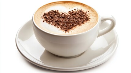 Luxurious cappuccino with heart-shaped milk froth art on pristine white background perfect for coffee lovers and cafe aesthetics showcasing barista skill and artistry
