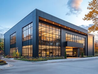 Obraz premium modern warehouse exterior showcases clean lines and large windows, complemented by a compact office unit, reflecting a blend of functionality and contemporary design
