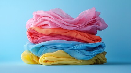   A stack of colorful fabrics on a blue background with a subtle blue hue to highlight their vibrancy
