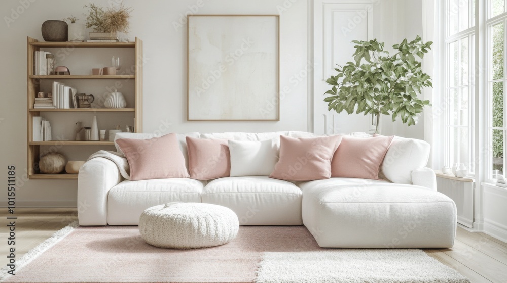 Aufkleber a stylish living room features a white sectional sofa adorned with soft pink cushions. a minimalist 
