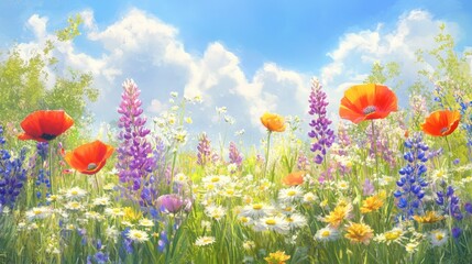 Obraz premium A scenic view of a blooming meadow with a variety of colorful wildflowers, including poppies, lupines, and daisies under a sunny sky.