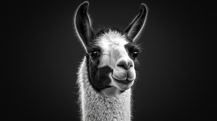 Obraz premium Majestic Head of Black and White Llama Against Scenic South American Landscape Showcasing Unique Camelid Features Nature and Wildlife Photography