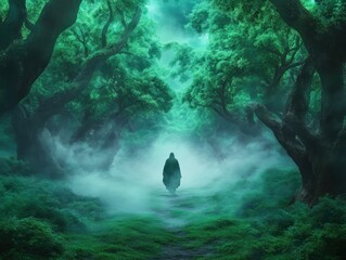 Fototapeta premium Mystical Journey Through a Misty Forest A Figure Guided by Spiritual Energy, A Surreal and Ethereal Landscape Depicting a Spiritual Quest