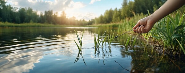 Tranquil Lake Dowsing A Person Holds Dowsing Rods at the Water's Edge, Reflecting the Serene Energy of Nature, Perfect for Your Next Project