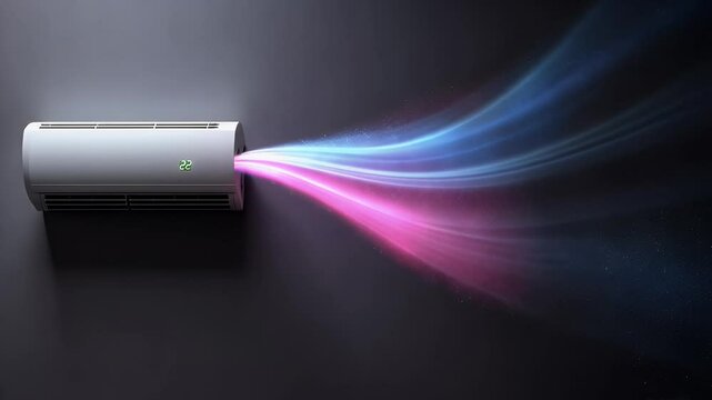 Air conditioner blowing cool air, with a temperature display of 22 degrees.