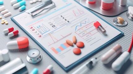 Fototapeta premium A close-up image of medical statistics on a clipboard, surrounded by colorful pills and a syringe, representing a medical examination or treatment setting. Ideal for illustrating healthcare or