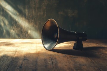 Fototapeta premium Vintage megaphone on wooden table in sunlight