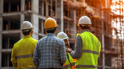 Team of construction workers discussing project plans at a busy building site, copy space