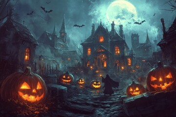 Gothic Haunted Village with Glowing Jack-O'-Lanterns
