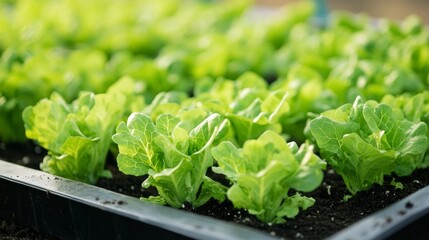 Fresh green lettuce seedlings thriving in a growth tray showcasing sustainable agriculture and organic farming practices for eco-conscious gardening enthusiasts