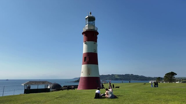 Plymouth Devon England. 01.10. 2024. Video. The historic  lighthouse Smeatons Town on Plymouth Hoe Devon England. UK