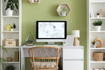 Interior of designer's office with workplace, shelf units and plants