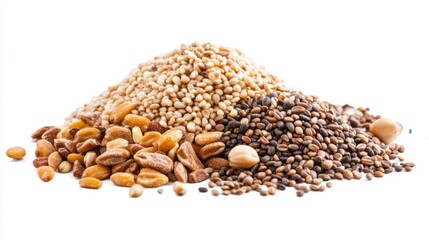 Obraz premium Close-up of a vibrant pile of mixed dry organic cereals and grains emphasizing healthy carbohydrates and nutritious ingredients for natural living