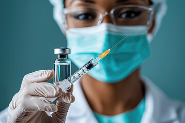 the african female doctor is holding the vaccine bottle and the needle for injecting the vaccine in to patient's body
