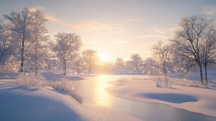 A vast winter wonderland, a serene snowy landscape with trees glistening in frost, illuminated by soft golden sunlight. 