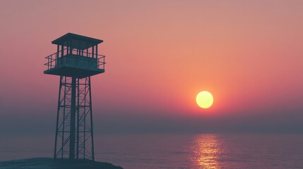 Majestic Sunrise Illuminating a Solitary Guard Tower Amidst Serene Landscape Capturing Tranquility History and Nature's Splendor at Dawn
