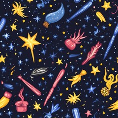 Naklejka premium Magic wand, inkwell, stars seamless pattern