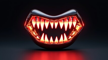 Naklejka premium striking visual of a menacing mouth with sharp teeth, illuminated with eerie red lights on a dark background.