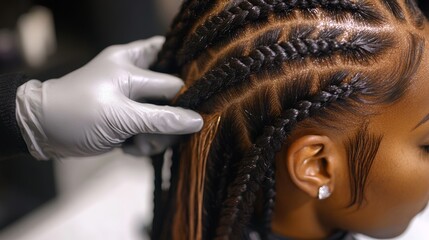 Close-up of African hairstylist braiding healthy Afro-American hair in barber salon showcasing expert hair care culture and stylish therapy techniques