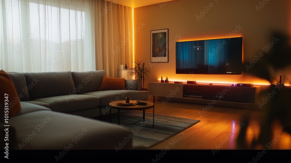 Wall mural the inviting living room features a sectional sofa and a coffee table, enhanced by warm led lighting