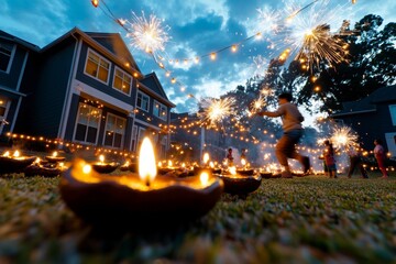 A neighborhood lit up with strings of lights, diyas, and fireworks during Diwali night, with children running around playing with sparklers, capturing the essence of community celebration