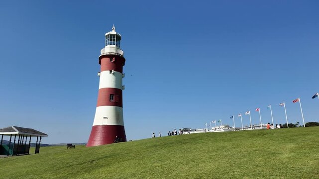 Plymouth Devon England. 01.10. 2024. Video. The historic  lighthouse Smeatons Town on Plymouth Hoe Devon England. UK