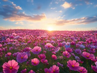 Fototapeta premium vibrant field of blooming flowers, kissed by the sun, showcasing colorful petals in intricate detail under a bright blue sky with soft white clouds