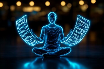 Fantasy artwork of a glowing figure meditating between two floating moral codes, symbolizing the internal journey of navigating moral relativism in a mystical setting