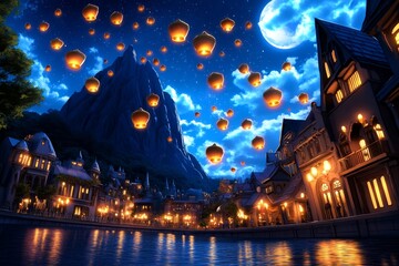 Obraz premium Fantasy scene of a Diwali celebration where floating lanterns rise into the sky, illuminating a city filled with magical energy and enchanted decorations