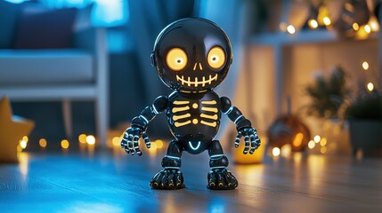 Cute skeleton toy glowing in festive room with decorations.