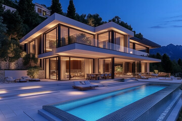 Fototapeta premium infinity pool, modern, luxury, landscape, view, outdoor, relaxation, architecture, villa, sunset, serene, nature, wooden deck, minimalist, scenic, hillside, horizon, contemporary, summer, generative A