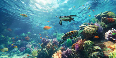 Sea Turtles Swimming in Coral Reef with Fish