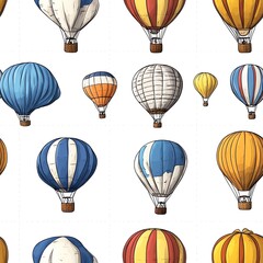 Hand drawn seamless pattern of hot air balloons