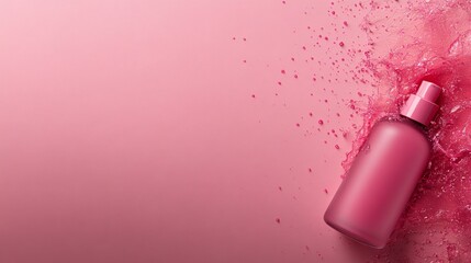 A stunning pink perfume bottle is captured mid-splash, surrounded by droplets of vibrant liquid. The soft pink background complements the luxurious aesthetic, offering branding opportunities
