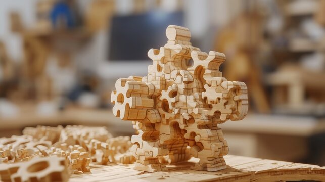 A unique and intricate wooden 3D puzzle displayed prominently on a workbench in a craft workshop. Perfect for themes related to craftsmanship, creativity, and handmade objects.