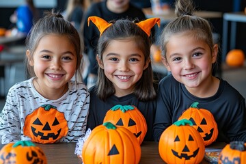 Gnome children competing in a Halloween costume contest at a festive gathering, showcasing their creative outfits, from witches to pumpkins