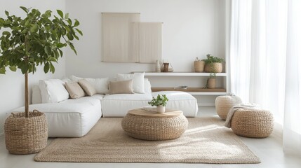 A living room is furnished with a white sectional sofa with beige pillows. A woven coffee table sits in front of the sofa, and a small green plant in a white planter is sitting on the table