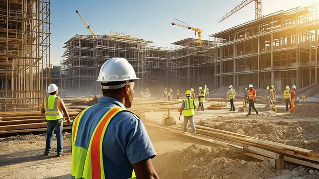 a construction site featuring a partially built multi-story building with scaffolding