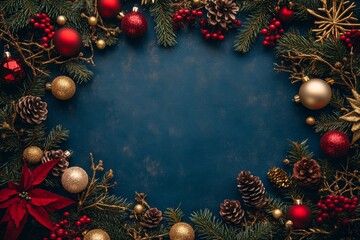 Festive Christmas frame with pinecones, red and gold ornaments, and open space in the center for text.