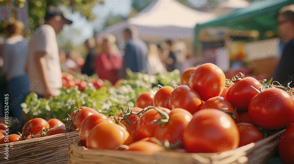 Poster Scene of a bustling farmer's market with tomatoes displayed prominently, capturing the essence of British Tomato Fortnight festivals and community engagement   