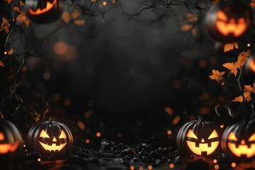 Spooky Halloween background featuring pumpkins, black ghosts, and dark space for text or design.