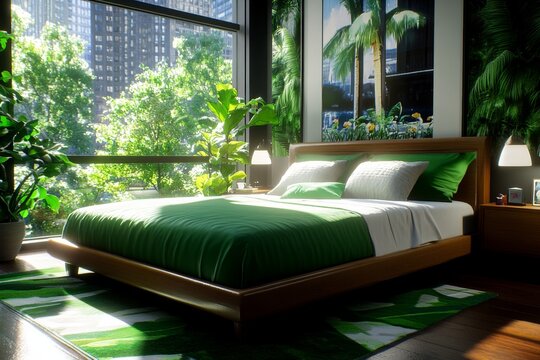 Hyper-realistic image of a bed in a cozy bedroom with natural light, showing every detail of the roomâ€™s decor, symbolizing the perfect setting for rest