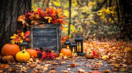 Autumn scene with pumpkins, lanterns, and colorful leaves in a tranquil forest setting.