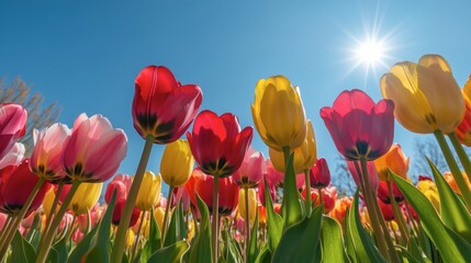 A vibrant field of tulips in full bloom, with red, yellow, and pink petals under a clear blue sky, bathed in sunlight.