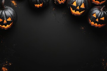 Spooky Halloween background featuring pumpkins, black ghosts, and dark space for text or design.