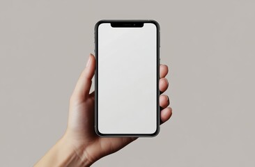 A hand holds a high-resolution blank screen Phone mockup, set against a white background.