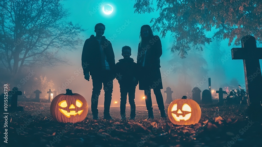 Poster Halloween-themed family portrait in front of a spooky cemetery glowing pumpkins 