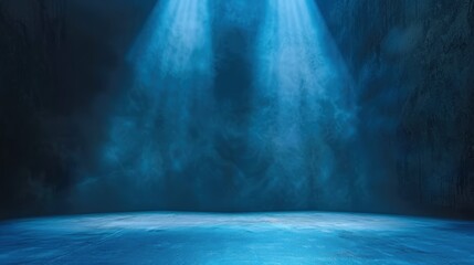 Empty stage under a bright spotlight, stark blue backdrop, evoking anticipation and solitude in a performance space